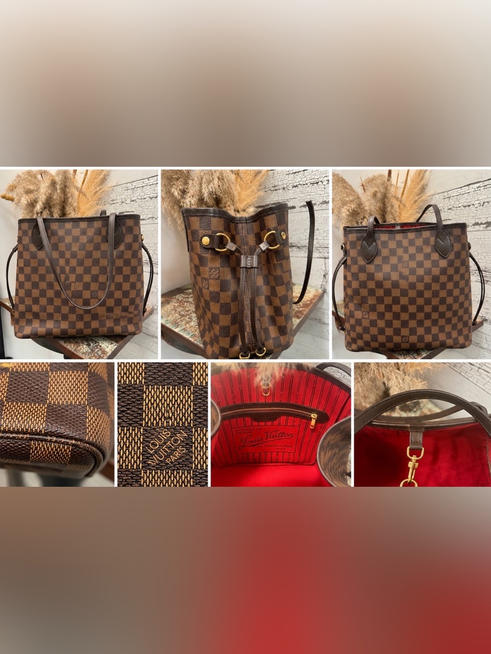 Louis Vuitton Neverfull MM Authentic Damier Ebene Drawstring Bag
